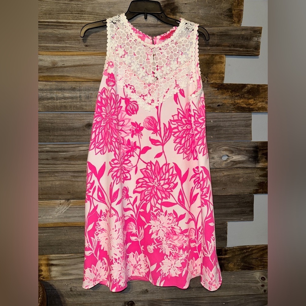 Lilly Pulitzer Caliente Pink White Floral Nala Lace Trimmed Shift Dress 10 - Picture 2 of 9